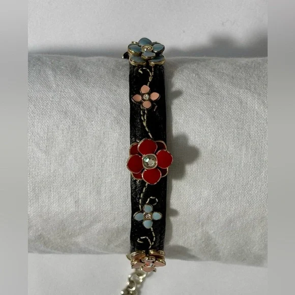 Vintage Brighton black leather and enamel flowers bracelet- lovely - Picture 1 of 7